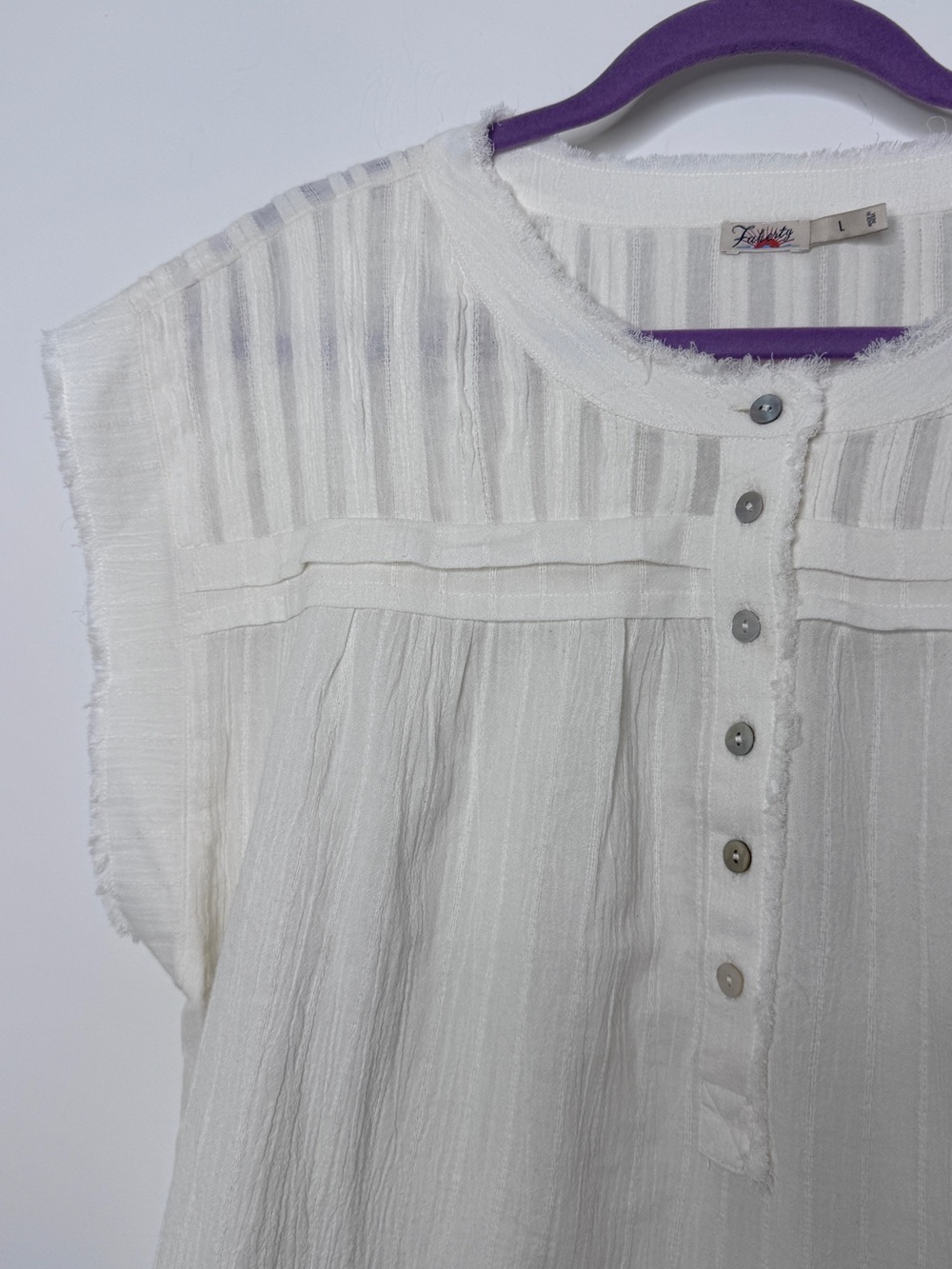 Faherty Cream Semi-Sheer Gauze Henley Blouse L - Picture 4 of 6